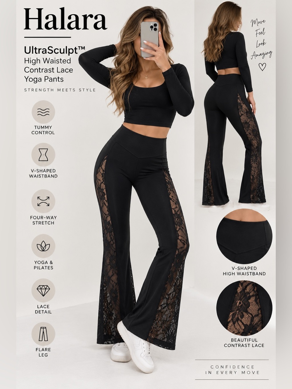 Halara UltraSculpt High Waisted Contrast Lace Flare Yoga Pants Black S NWT